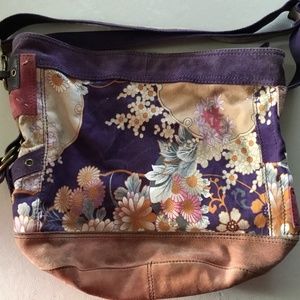 Vintage Lucky Brand bag with Asian motif, large, purple, pink, rose colors
